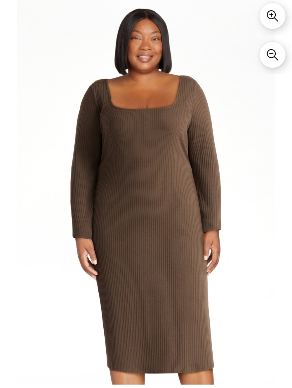 Terra & Sky Ribbed Square-Neck Long Sleeve Midi Dress - Brown